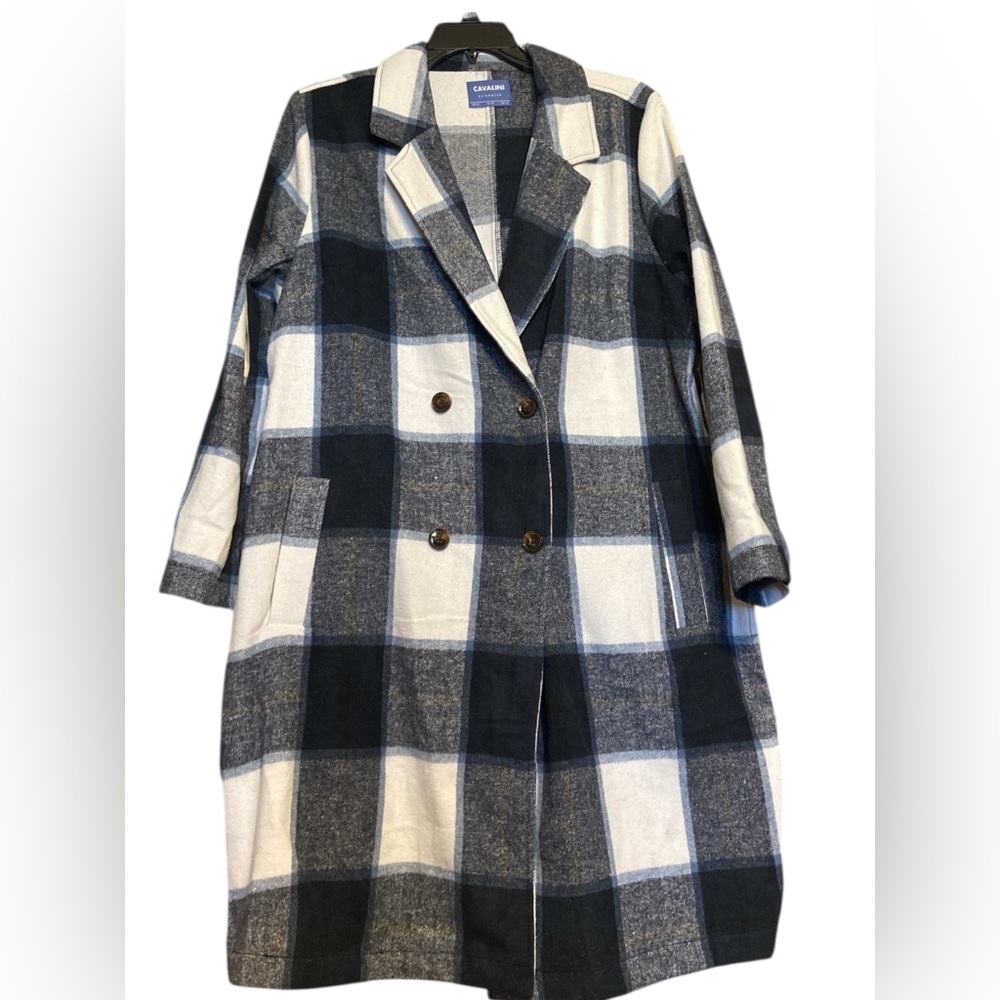 Cavalini Navy and Cream Plaid Women's Sweater Coat
